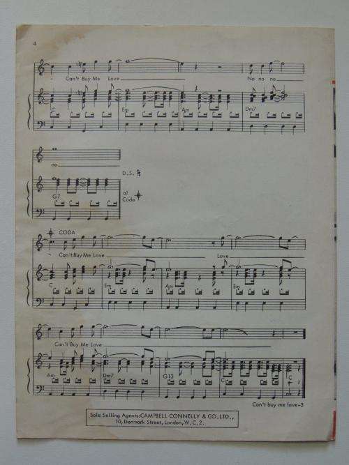 Cant Buy Me Love - The Beatles - 1964 - Vintage Sheet Music - by John Lennon and Paul McCartney.