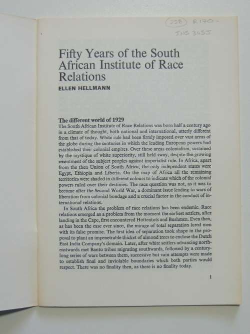 The South African Institute of Race Relations 1229 -1979 A Short History - Ellen Hellman