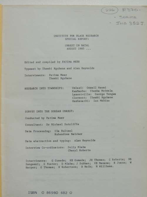 Institute for Black Research Special Report:  Unrest In Natal 1985 - Fatima Meer
