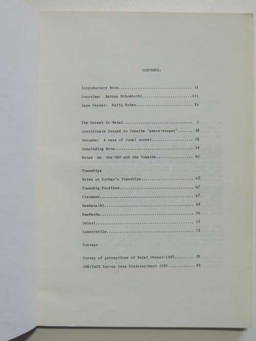 Institute for Black Research Special Report:  Unrest In Natal 1985 - Fatima Meer