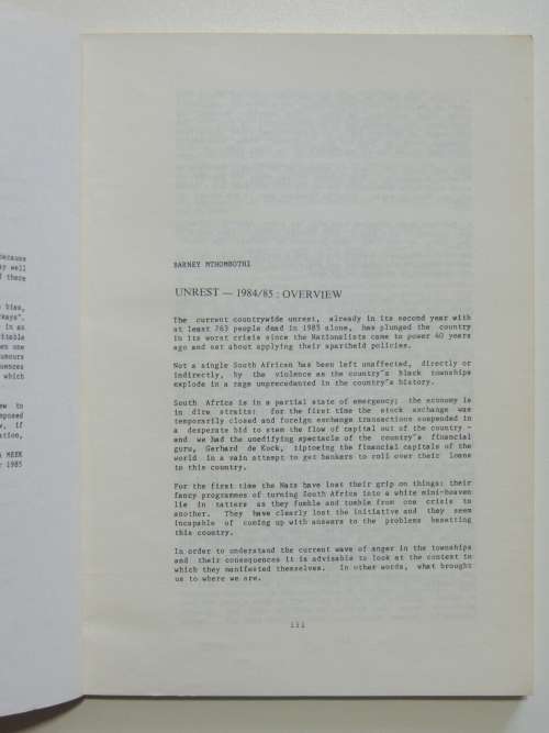 Institute for Black Research Special Report:  Unrest In Natal 1985 - Fatima Meer