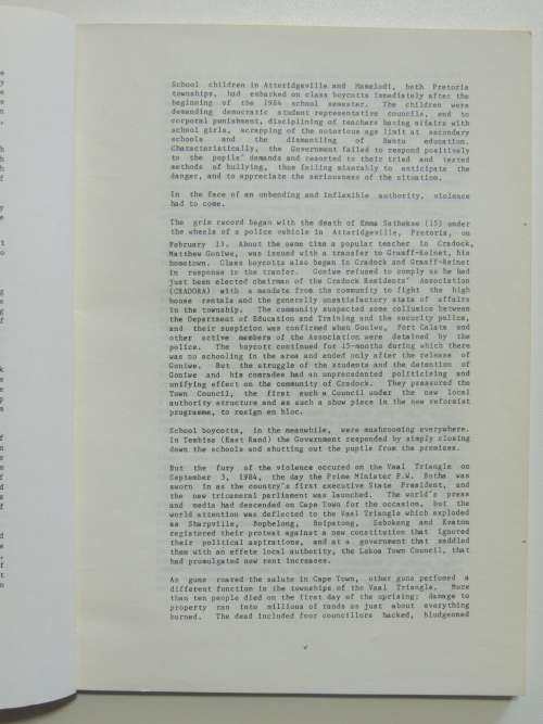 Institute for Black Research Special Report:  Unrest In Natal 1985 - Fatima Meer