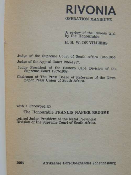 Rivonia - Operation Myibuye - A Review of the Rivonia Trial  - HHW dE Villiers 1964