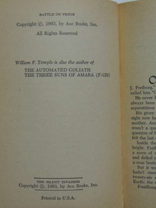 Battle on Venus/The Silent Invaders 1963, ACE Double F-195 - William F Temple/Robert Silverberg