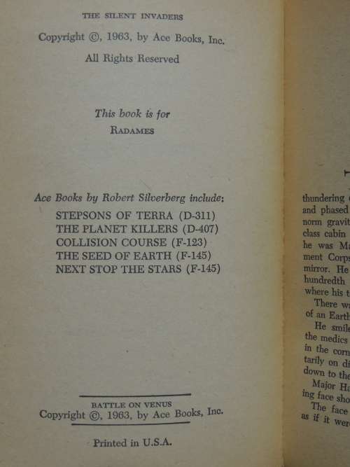 Battle on Venus/The Silent Invaders 1963, ACE Double F-195 - William F Temple/Robert Silverberg
