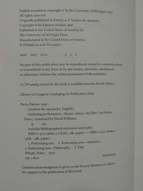 Analyzing Performance - Theater, Dance, and Film- Patrice Pavis BOOK