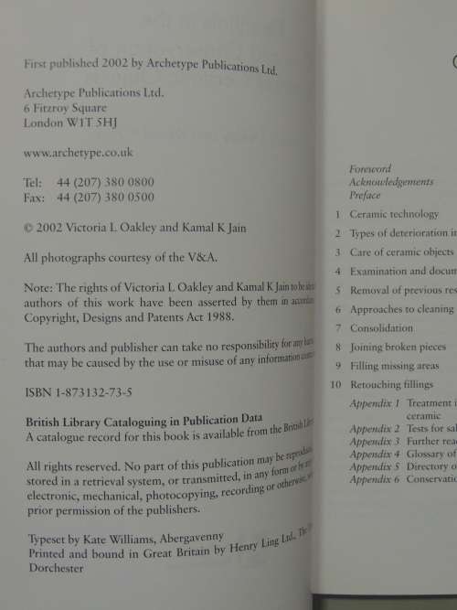 Essentials in the Care & Conservation of Historical Ceramic Objects - Victoria Oakley, Kamal Jain
