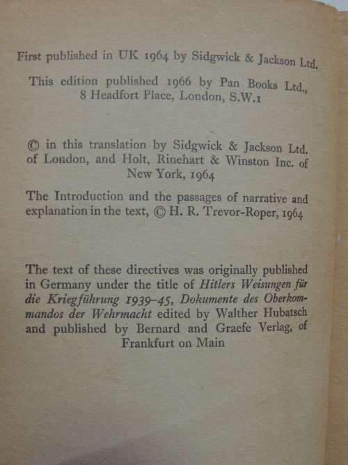 Hitler`s War Directives 1939-45ed H.R. Trevor-Rooper