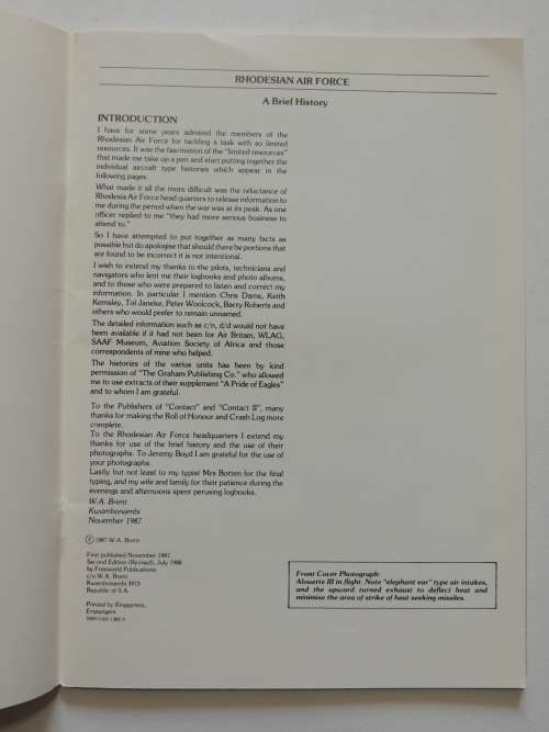 Rhodesian Air Force - A Brief History 1947-1980 - WA Brent