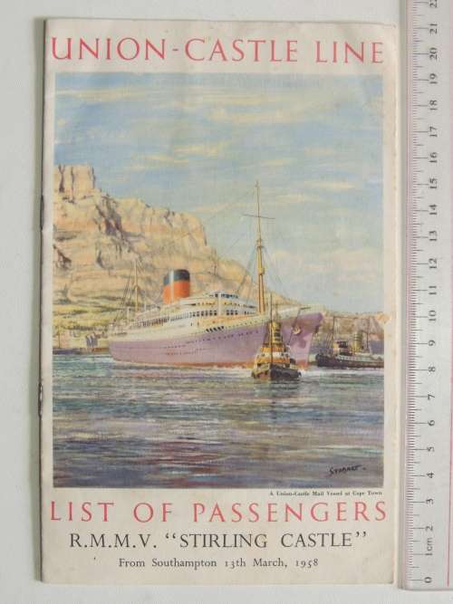 Union- Castle Line - List of Passengers RMMV Stirling Castle from Southampton 13th March 1958