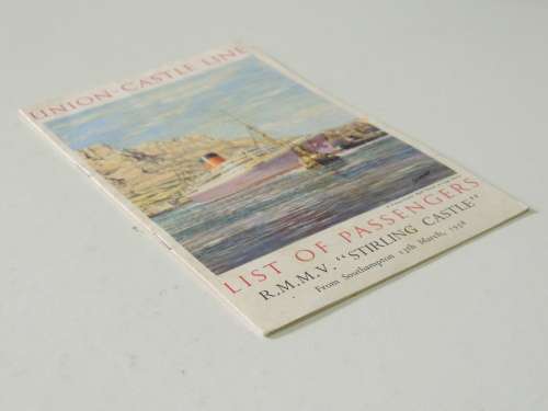 Union- Castle Line - List of Passengers RMMV Stirling Castle from Southampton 13th March 1958