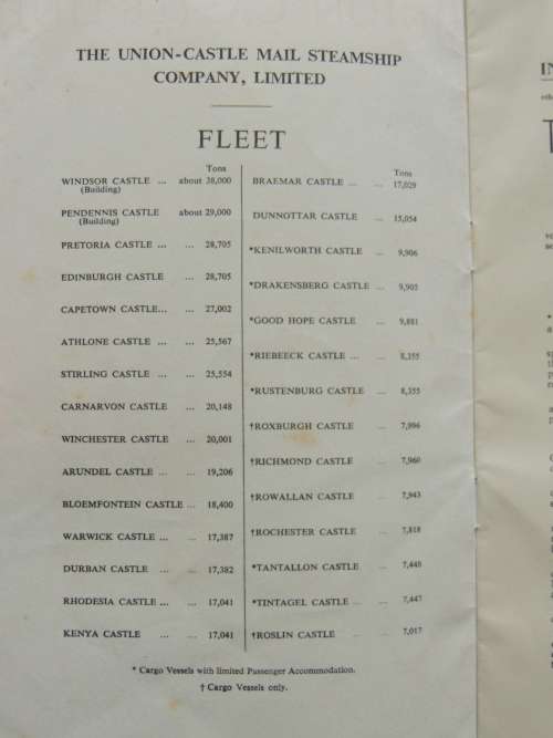 Union- Castle Line - List of Passengers RMMV Stirling Castle from Southampton 13th March 1958