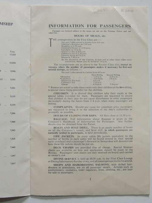 Union- Castle Line - List of Passengers RMMV Stirling Castle from Southampton 13th March 1958