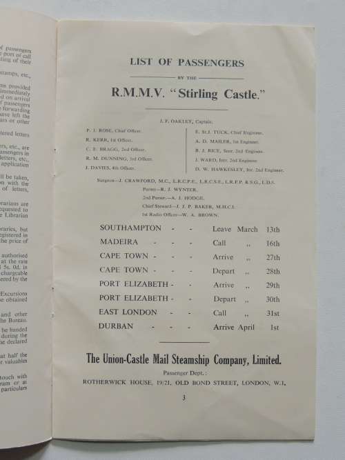 Union- Castle Line - List of Passengers RMMV Stirling Castle from Southampton 13th March 1958