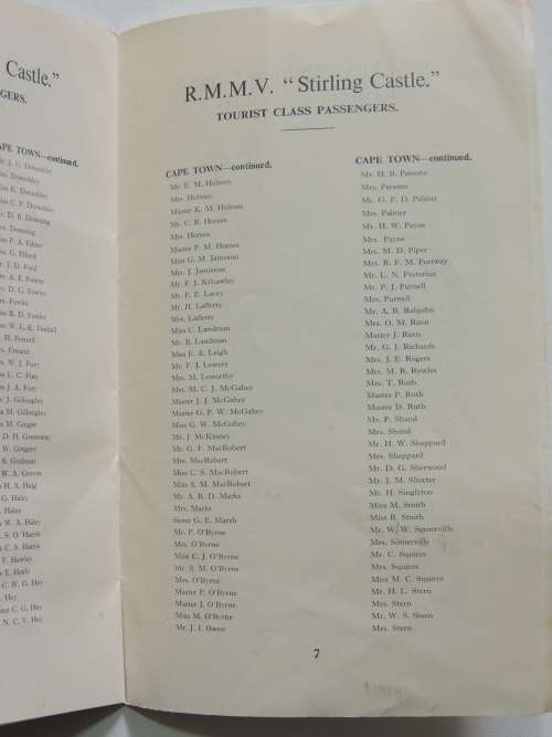 Union- Castle Line - List of Passengers RMMV Stirling Castle from Southampton 13th March 1958