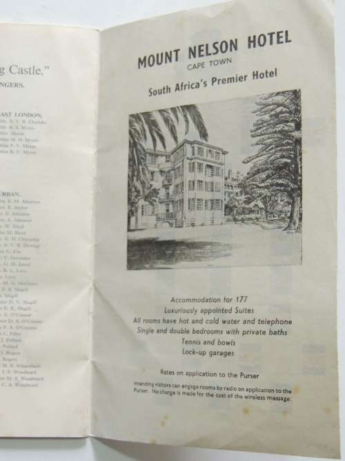 Union- Castle Line - List of Passengers RMMV Stirling Castle from Southampton 13th March 1958