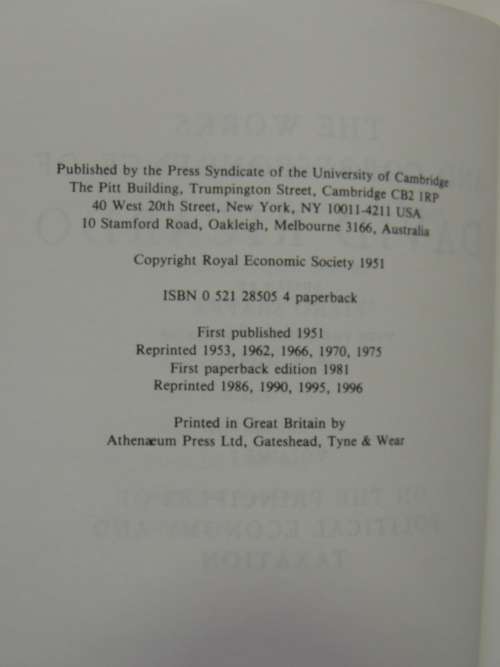 On the Principles of Political Economy &Taxation, Vol 1 of theWorks &Correspondence of David Ricardo