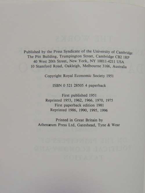 On the Principles of Political Economy &Taxation, Vol 1 of theWorks &Correspondence of David Ricardo