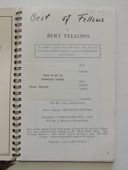 Best of Fellows - A Book on Food & Wine in South Africa - Bert Fellows 1965