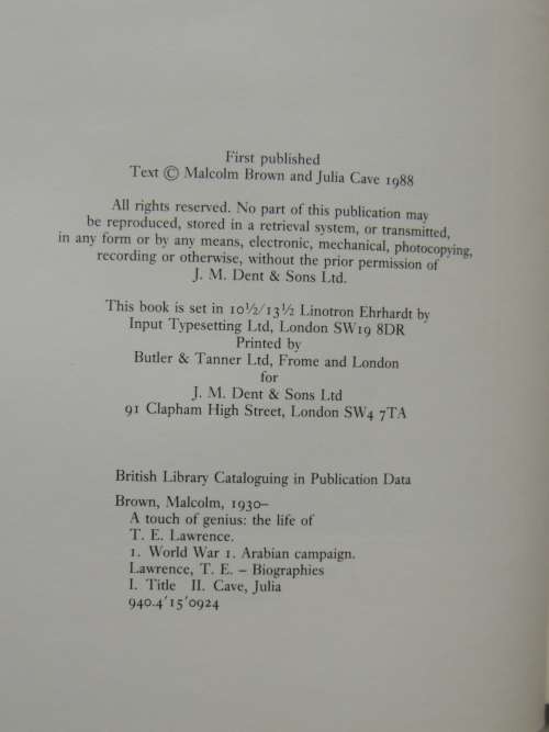 A Touch Of Genius - The Life Of T.E. Lawrence -  Malcolm Brown & Julia Cave