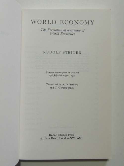 World Economy, The Formation of a Science World Economics, Lectures 1922- Rudolf Steiner