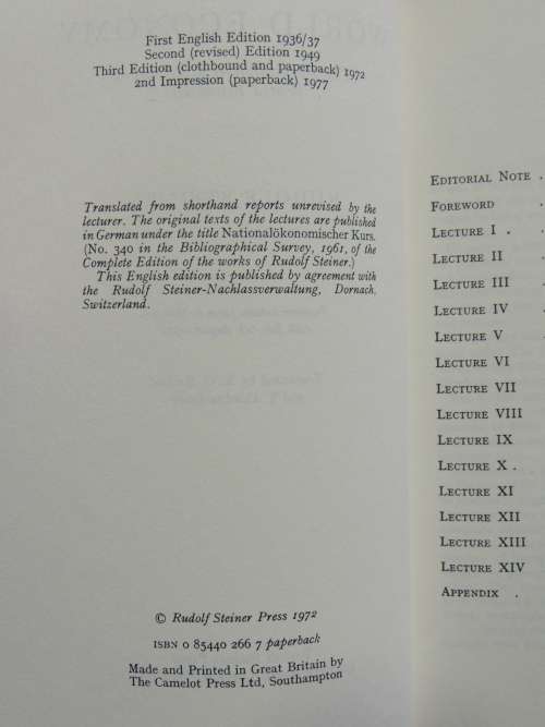 World Economy, The Formation of a Science World Economics, Lectures 1922- Rudolf Steiner