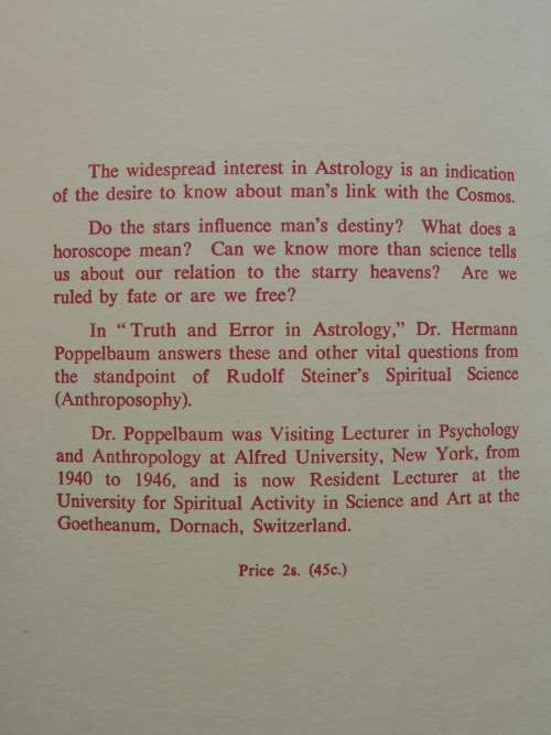Truth and Error in Astrology  - Dr Hermann Poppelbaum