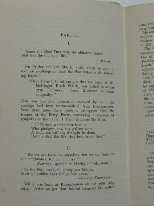 A W McGregor, Rhodes Scholar, Oriel College, Oxford. 2nd Lt, 9th Black Watch - A Memoir by his Fathe