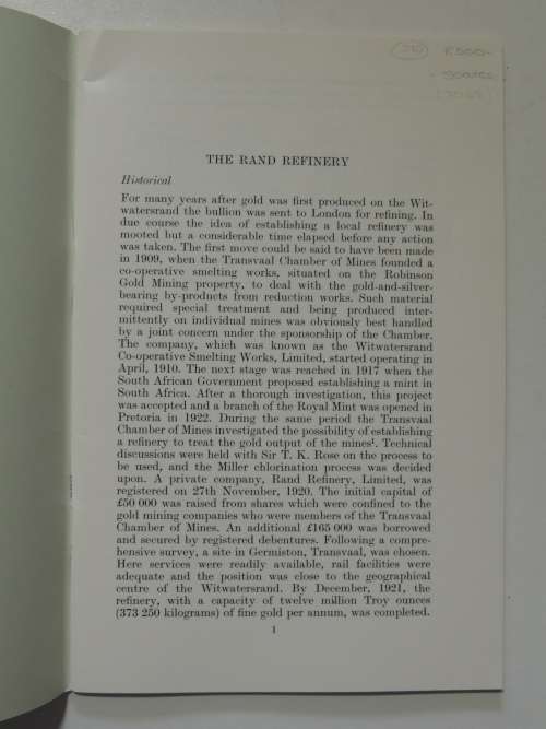 The Rand Refinery, Reprint from Gold Metallurgy in South Africa, Chamber of Mines of South Africa