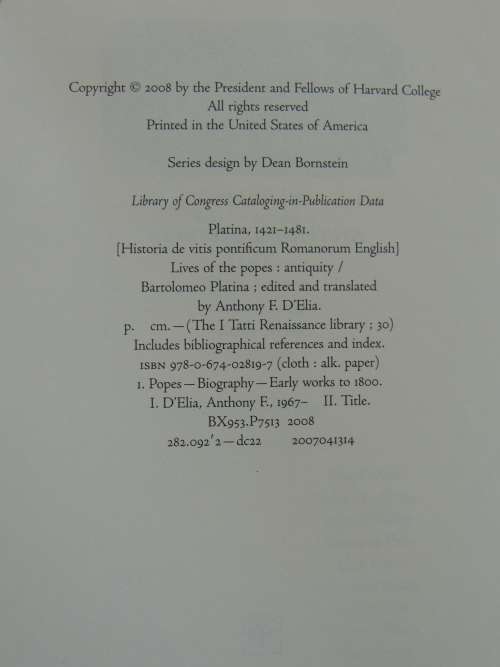 The I Tatti Renaissance Library - Lives Of The Popes Vol 1 - Antiquity - Bartolomeo Platina