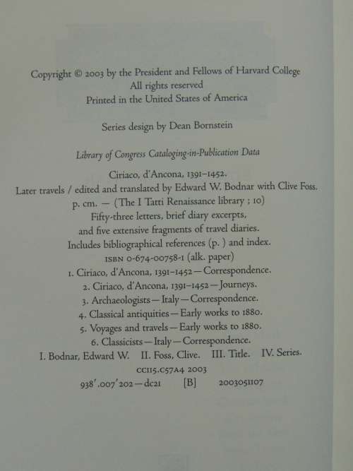 The I Tatti Renaissance Library - Later Travels - Cyriac Of Ancona
