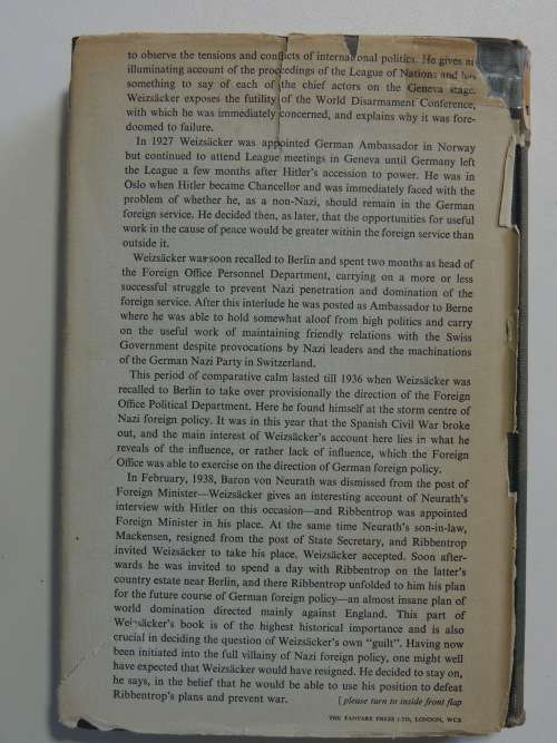 The Memoirs of Ernst Von  Weizsacker, Head of the German Foreign Office 1938-43    SCARCE