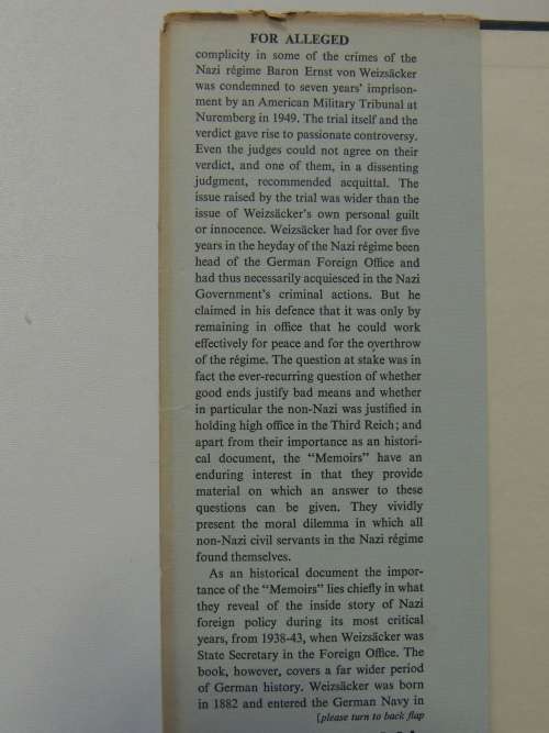 The Memoirs of Ernst Von  Weizsacker, Head of the German Foreign Office 1938-43    SCARCE