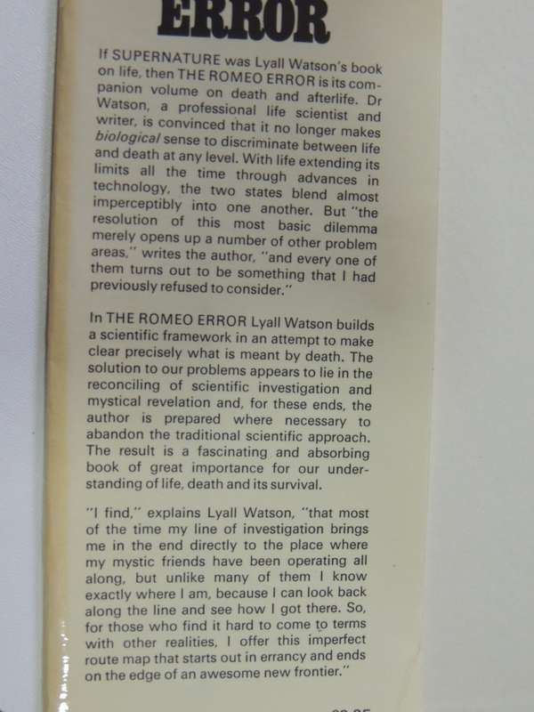 The Romeo Error, A Matter of Life & DeathLyall Watson    FIRST EDITION 1974