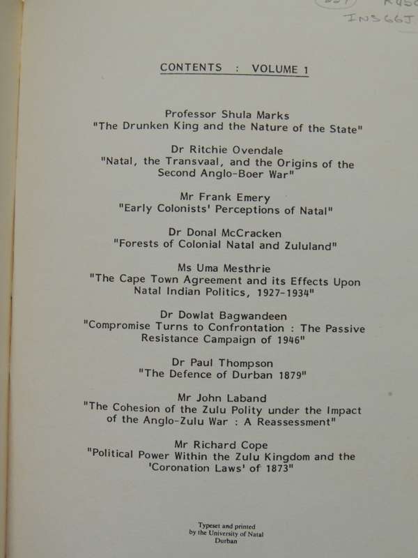 Conference on the History of Natal & Zululand, Papers University of Natal, Durban, July 1985