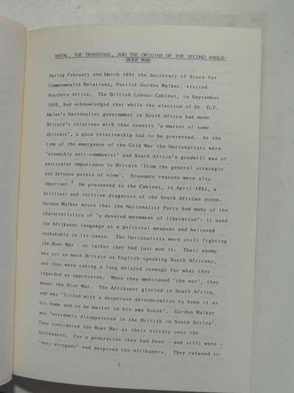 Conference on the History of Natal & Zululand, Papers University of Natal, Durban, July 1985