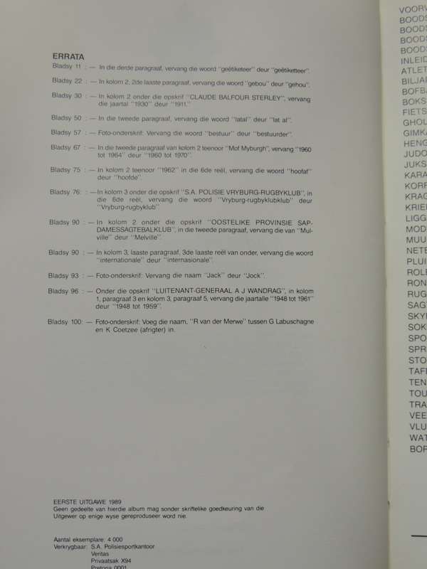S.A. Polisiesportgedenkalbum 1913 - 1988           Pub 1989