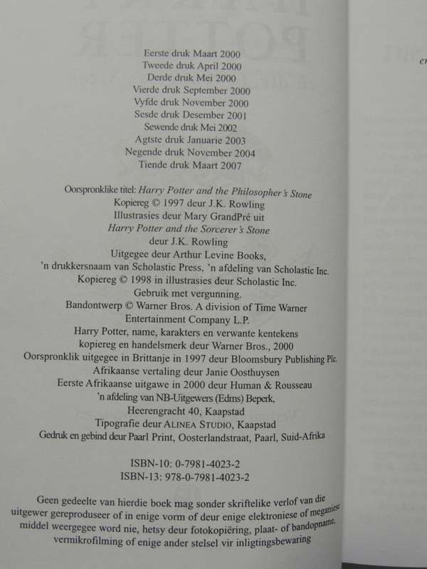 Harry Potter En Die Towenaar Se Steen- J.K. Rowling      10th Impression  SCARCE