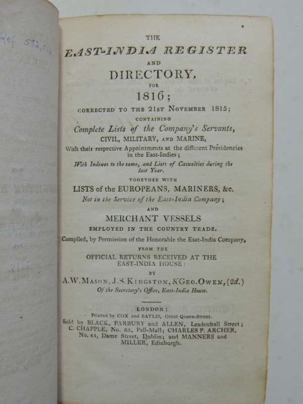 The East-India Register and Directory  for 1816 - A.W. Mason, J.S. Kingston & Geo. Owen