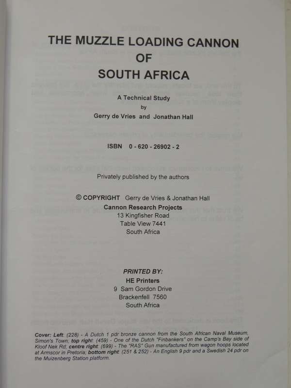 The Muzzle Loading Cannon Of South Africa Gerry De Vries & Jonathan Hall
