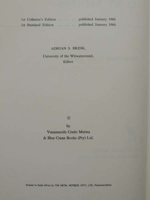 Africa is my Witness - Vusamazulu Credo Mutwa   (Sequal to INDABA, MY CHILDREN) 1966 1st Std Edition