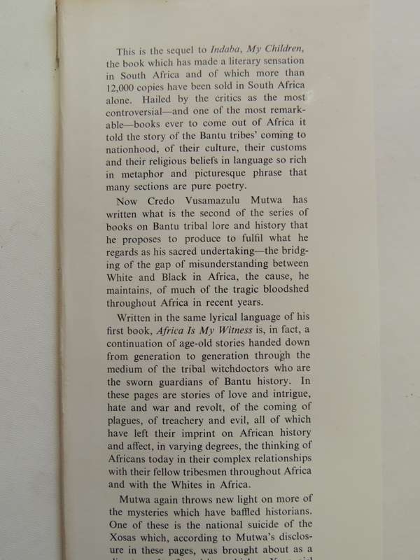 Africa is my Witness - Vusamazulu Credo Mutwa   (Sequal to INDABA, MY CHILDREN) 1966 1st Std Edition