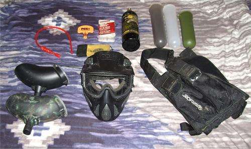 Paintball Gear Pack (1x Mask, 1x Vest, 1x 20 Oz. Cannister, 2x Hoppers, 3x Pods + More!)