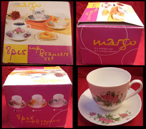 China chine porcelain porcelein clay glass Margo Tea Set four eight piece 4 Cups and 4 Saucers  In Original Box. Never Used.  White cups and plates with pienk flower design beautiful amazing wow breakable fragile kitchen tea coffee lunch dinnerware kitchenware tea time stunning wow elegant pink pienk colourful plate cup bulk lot home accesories accessories setting table host party gift present mothersday mother grandmother on of a kind christmas birthday womensday gorgeouse margo cutelery breakware fancy expensive home decor table decor low price bargain sale cheap closing soon collect collection collectors item edition must have bid buy now display ceramic  crazy tuesday wacky wednesday snap friday weekend special auction deal R1 bid buy amazing plates plate 