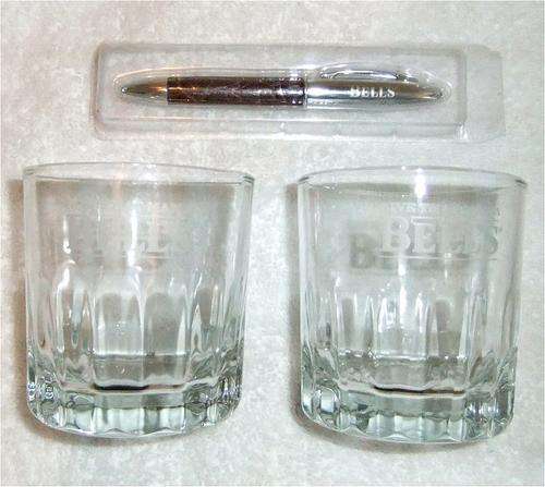 2x "Give That Man A Bell's" Whiskey Tumblers + 1x Sealed Leather Handle Bell's Pen