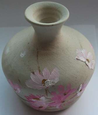 Short small round Clay flower vase white pienk flowers light grey beige Hand Painted Lovely Decorative Piece collector collection collect display beautiful antique flower flowers decor decoration design interesting shades of colour art craft crafted made sculped pottery home gift present birthday valentinesday christmas new year holiday mothersday closing soon must have bid buy now crazy tuesday wacky wednesday snap friday weekend special auction cheap low price bargain sale 