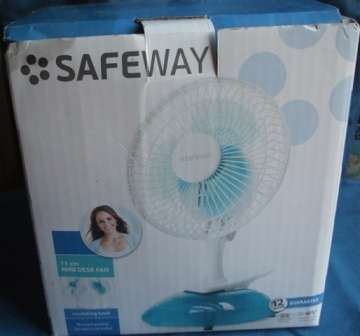 Safeway mini clip on desk fan air small new 15cm size box original box brand clicks white blue stand oscillating adjustable head appliance w wattage 15w 3 prong plug speed setting convenience portable Air-conditioners save Home high quality Cooler Cooling Plastic wind  present birthday valentinesday christmas new year holiday mothersday fathersday closing soon must have bid buy now crazy tuesday wacky wednesday snap friday weekend special auction cheap low price bargain sale