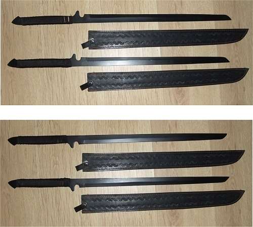 Set of 74cm Hand-Crafted Twin Black Blades - 3/4 Tang, Half-Sharpened, Leather Sheaths, Nylon Wraps