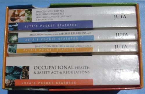labour labor law listing library low price excellent value business economics union employment equity act acts law laws occupational manager management managerial course training skill relations HR human resources deployment juta juta's pocket guide system skills deployment regulations levies terms in the of health safety regulations working environment danger dangerous conform confirm acceptable allowed not permitted permit working in south africa jutalaw resolve workplace solutions great helpful mind mindful employee employer guide guidelines rules rule ruling court ccma conduct code booklet quick reference Juta's Pocket Statutes Library  This Small set contains 4 Pocket Books :  * Book 1 : Employment Equity Act, Skills Development Act, Skills development Levies act + Regulations  * Book 2: Regulations in terms of the Labour Relations Act  * Book 3 : Basic Conditions of Employment Act  * Book 4 : Occupational Health & Safety Act & Regulations     Bidding is for the whole set of 4 books nice good great useful practical practice office executive corporate small company ceo cc closed corporation sue subpoena discount discounted christmas clearance book books physical hardcover set compilation lawyer advocate legal aid 