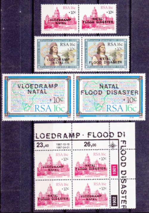 RSA 1987, 16 Nov. Natal Flood Relief Fund, 3xpairs, control, MNH, CV R 40.00 view scans